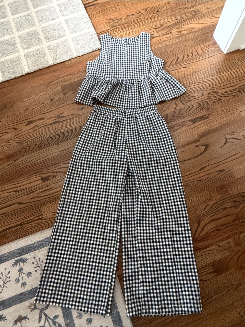 Amazon Black and White Gingham Peplum Top with Wide-Leg Pants Set